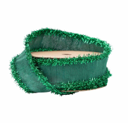 Dark Green Dupioni With Dark Green Tinsel Edge 1 Inch Ribbon